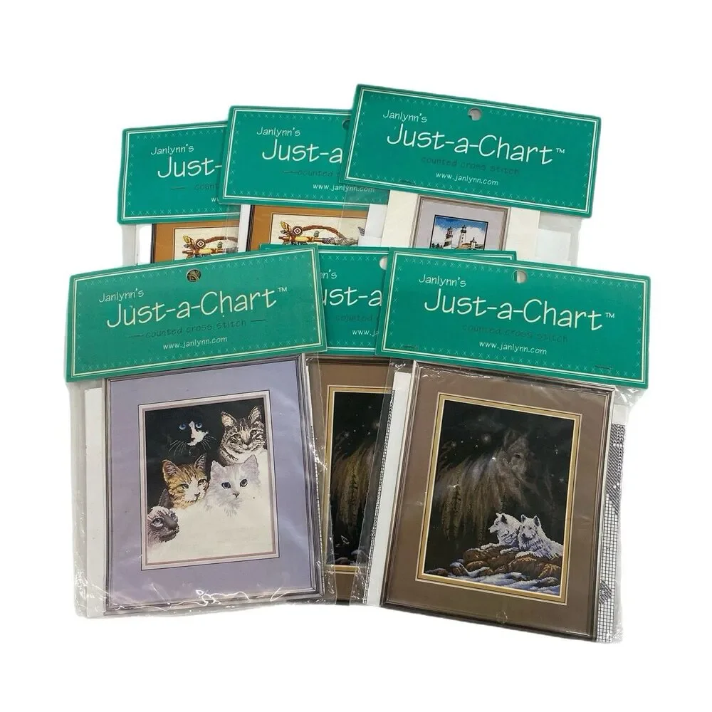 Lot Of 6 Janlynn’s Just-a-Chart Counted Cross Stitch Sealed Packages